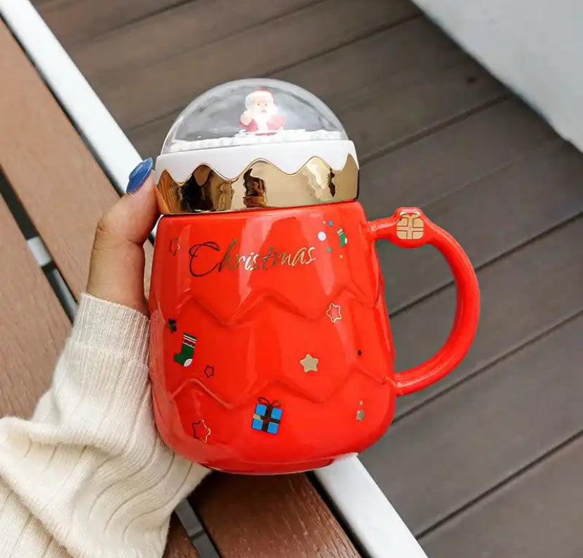 Christmas Mugs Ceramic Santa Claus Figurines with Lid Coffee Cup Gifts