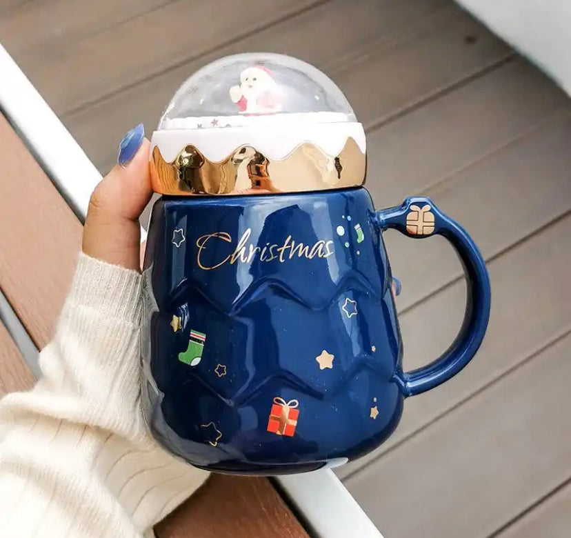 Christmas Mugs Ceramic Santa Claus Figurines with Lid Coffee Cup Gifts