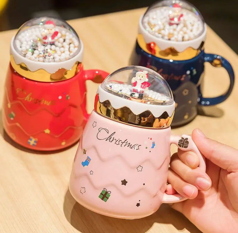 Christmas Mugs Ceramic Santa Claus Figurines with Lid Coffee Cup Gifts