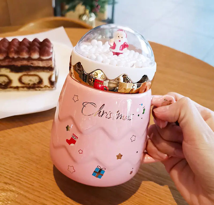 Christmas Mugs Ceramic Santa Claus Figurines with Lid Coffee Cup Gifts
