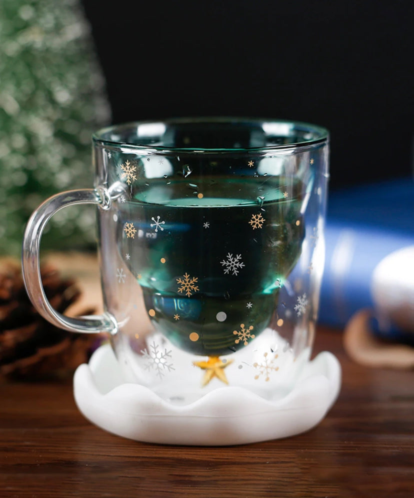 Christmas Tree Cup Transparent Double Heat Resistant Creative Couples Mug Snowflake Drinking Glass Children's Gift Coffee Cups