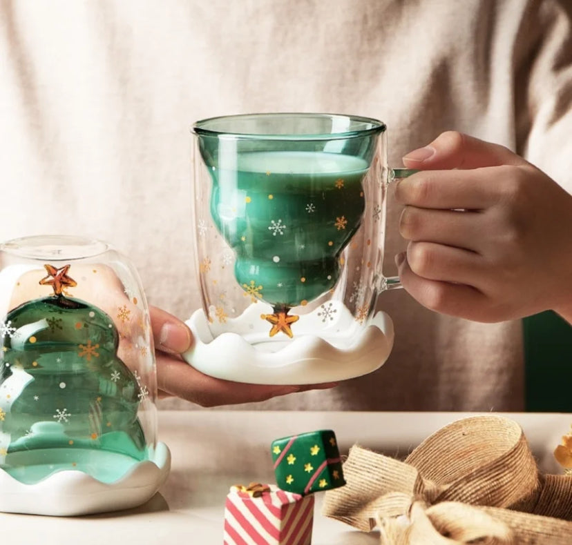 Christmas Tree Cup Transparent Double Heat Resistant Creative Couples Mug Snowflake Drinking Glass Children's Gift Coffee Cups