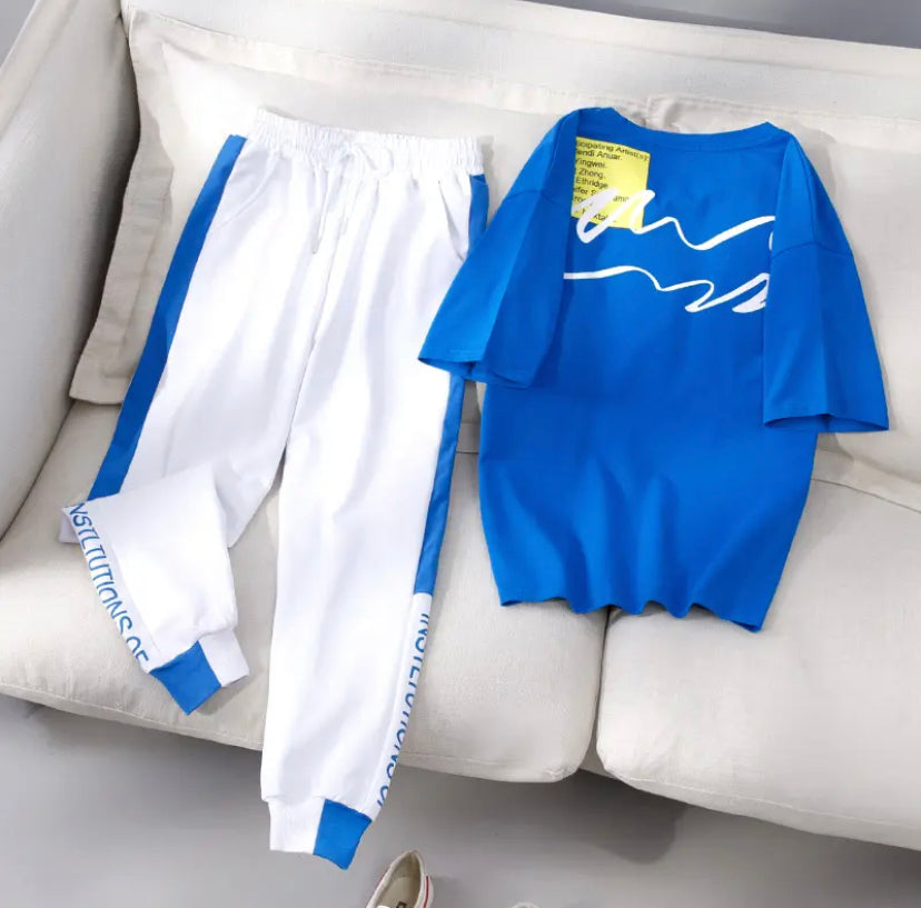 T-shirt Pants Women's Set Blue White Yellow