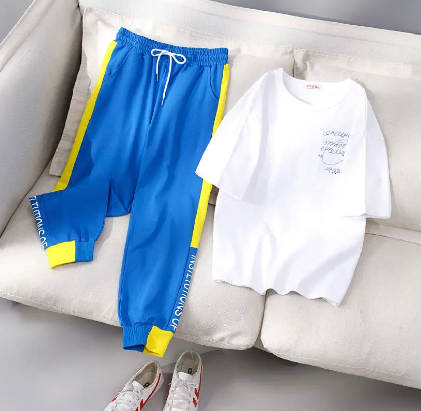 T-shirt Pants Women's Set Blue White Yellow
